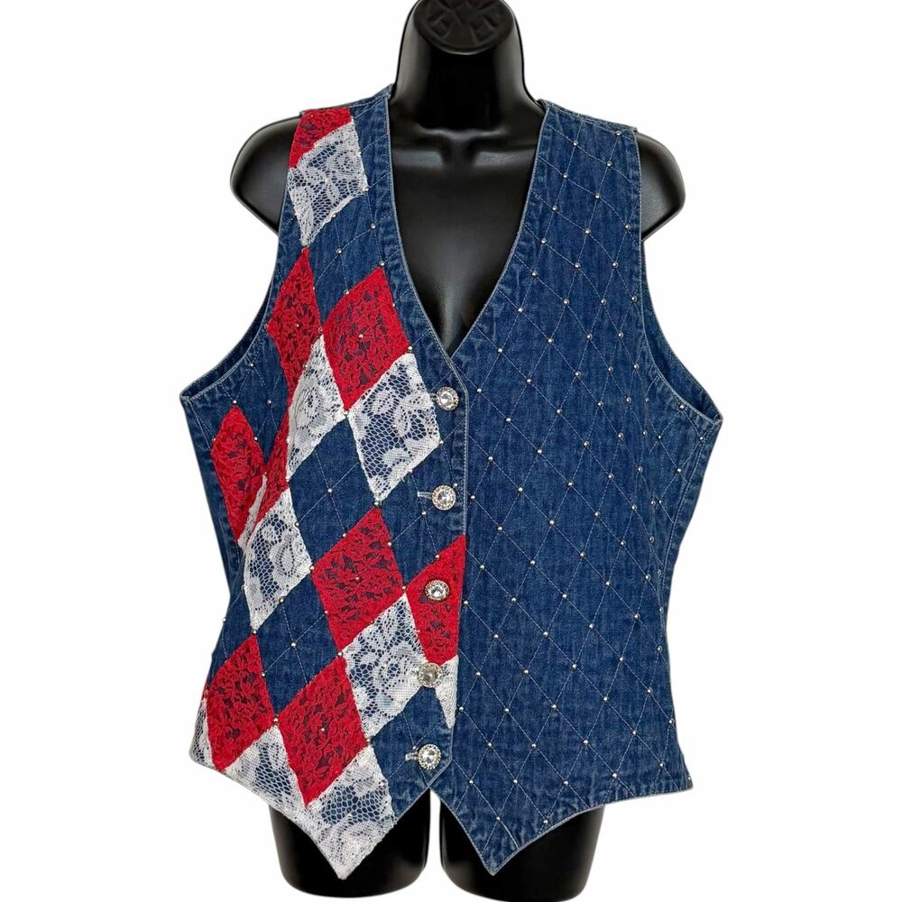 Vtg 90s Ellen Richman Patchwork Denim Vest Harlequin Lace Rhinestone Top XL